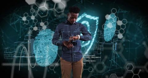Man Interacting with Holographic Data Through Smartwatch