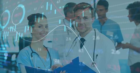 Smiling Doctors Analyzing Reports with Medical Data Overlay - Download Free Stock Images Pikwizard.com