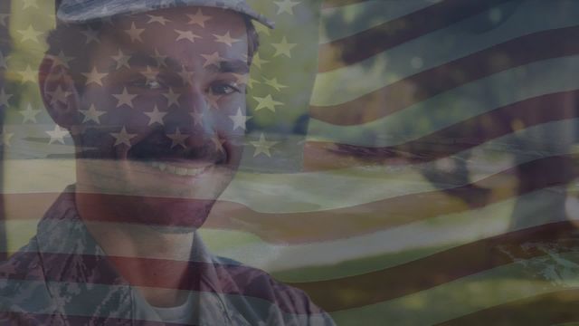 A solemn soldier in full military attire is smiling softly with a transparent image of the American flag waving over him. This striking blend of imagery captures the essence of patriotic pride, honor, and national service. Ideal for use in content focused on military appreciation, U.S. national holidays, or themes of duty and allegiance towards America.