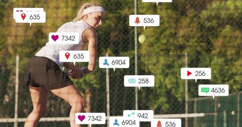 Female athlete practicing tennis with social media alerts
