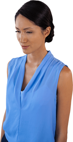 Pensive Businesswoman in Blue Top on Transparent Background