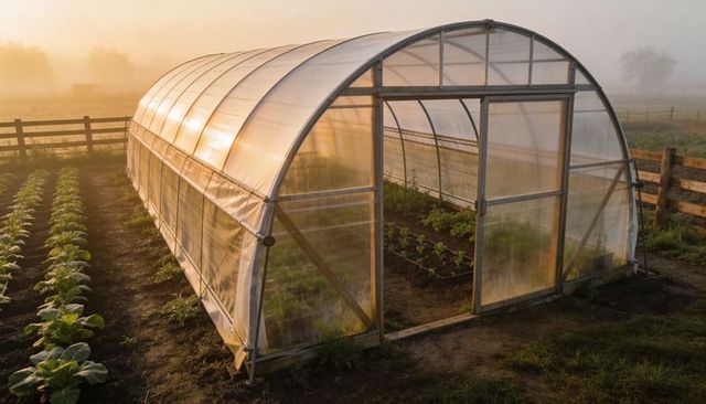 Glowing hoop greenhouse bathing in golden dawn light with dewy plastic cover and young seedlings