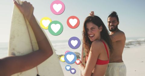 Friends with Surfboards Enjoying Beach with Social Media Icons