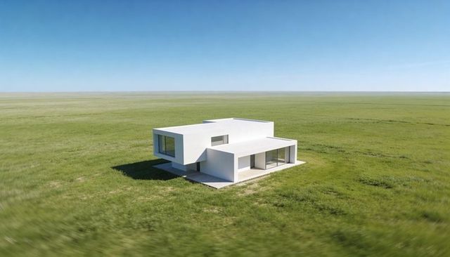 Minimalist white cantilevered modern house sitting on expansive green plain