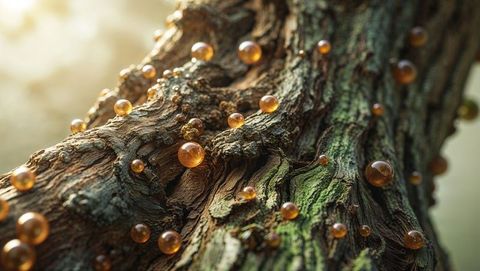 Tree trunk decorated with frankincense resin droplets in sunlit forest