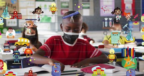 School Children Learning with Educational Icons and Face Masks During Pandemic