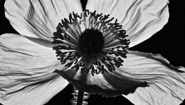 Monochrome backlit poppy macro capturing central pistil, radiating stamens and textured petals