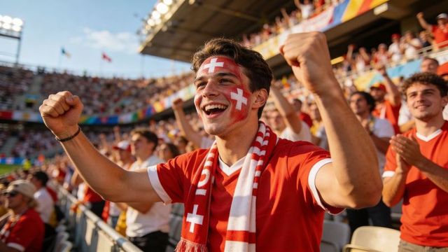 Ecstatic swiss football fan cheering in stadium with face paint and team scarf during match
