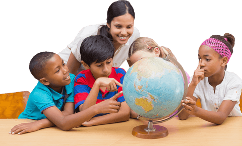 Teacher with diverse children exploring world globe, transparent background