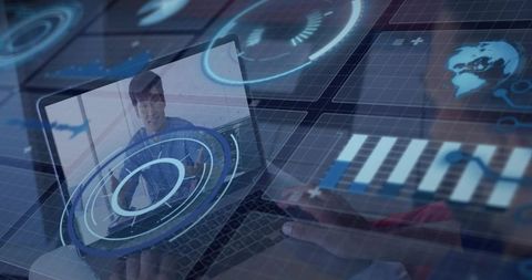 Augmented reality HUD and analytics dashboard on laptop during remote collaboration workflow