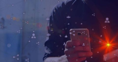 Man tapping smartphone with social media icons overlay and futuristic blue-red lens flare