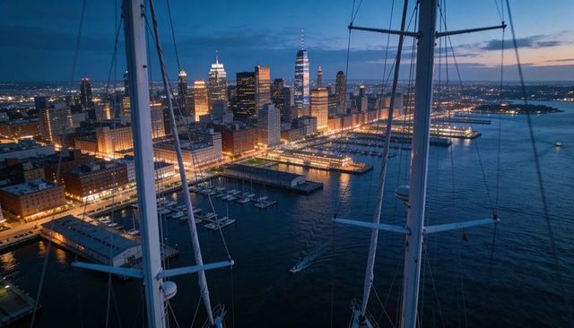 Sailing masts framing illuminated urban skyline at dusk over marina and waterfront piers