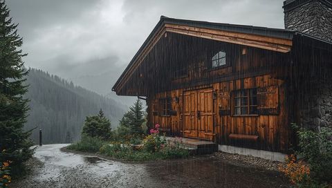 Wooden mountain cabin sheltering in rain with flower planters and misty pines