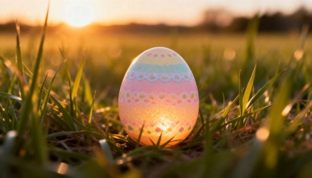 Pastel easter egg glowing at sunset in grass, backlit bokeh, warm golden hour light