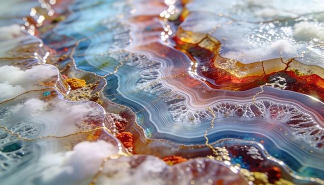 Polished agate slab showcasing banded blue amber, druzy cavities and gold veins