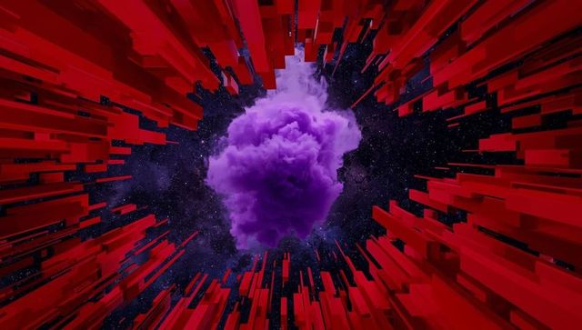 Abstract cosmos with purple cloud and red 3d blocks in space