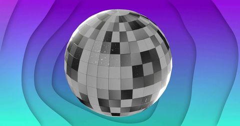 Floating mirrored tiled sphere over gradient layered backdrop — reflective retro disco orb