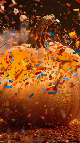 Vertical video bursting confetti around glowing carved pumpkin, smoky dust unveiling