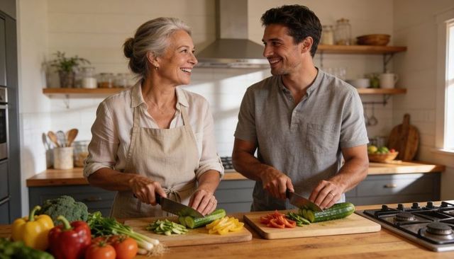 Smiling mature woman and man chopping vegetables together in sunlit rustic kitchen