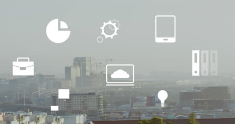 Digital Business Icons Overlay on Urban Skyline
