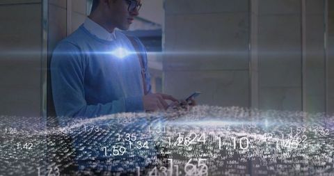 Young professional leaning in lobby tapping smartphone with ar data visualization overlay