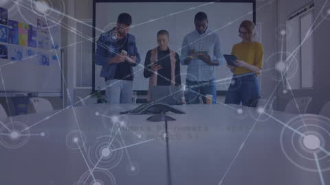 Digital Network Overlay with Team in Modern Office Space