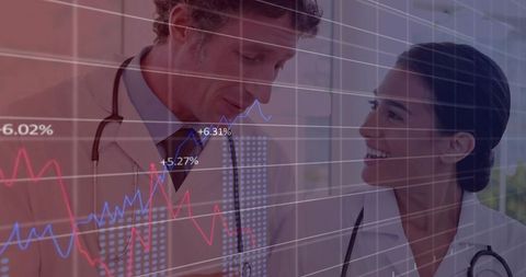 Doctors Collaborating with Data Visualization Overlay, Sharing Clinical Analytics Charts