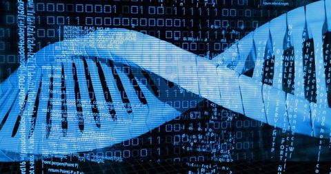Digital DNA double helix twisting over binary data stream neon blue biotech visualization