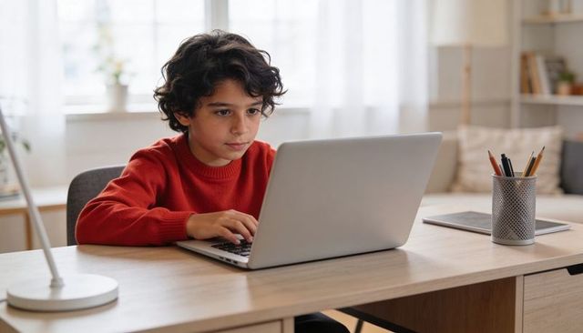 Preteen boy studying on laptop at home desk, typing and concentrating in bright workspace