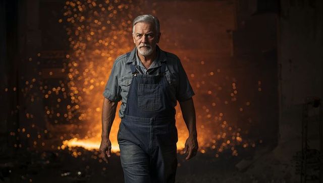 Seasoned foundry worker walking through molten sparks in dimly lit industrial forge