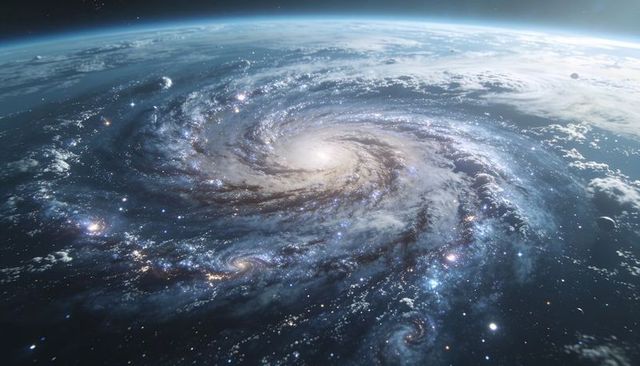 Spiral galaxy unfurling above planet limb with luminous star clusters and glowing cosmic dust