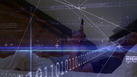 Senior Man Using Smartphone with Digital Binary Code Overlay