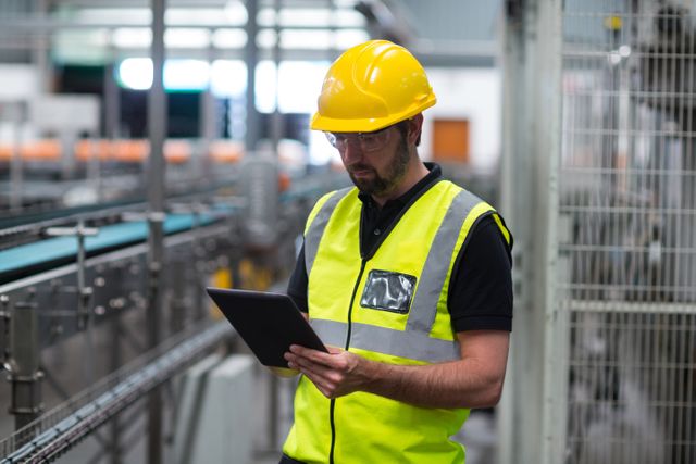 Factory worker wearing a safety helmet and high visibility vest using a digital tablet for quality control in an industrial setting. Ideal for illustrating concepts related to modern manufacturing, workplace safety, industrial technology, and quality assurance processes.