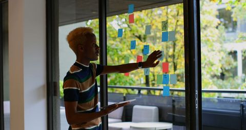 Professional Analyst Reviewing Ideas on Window