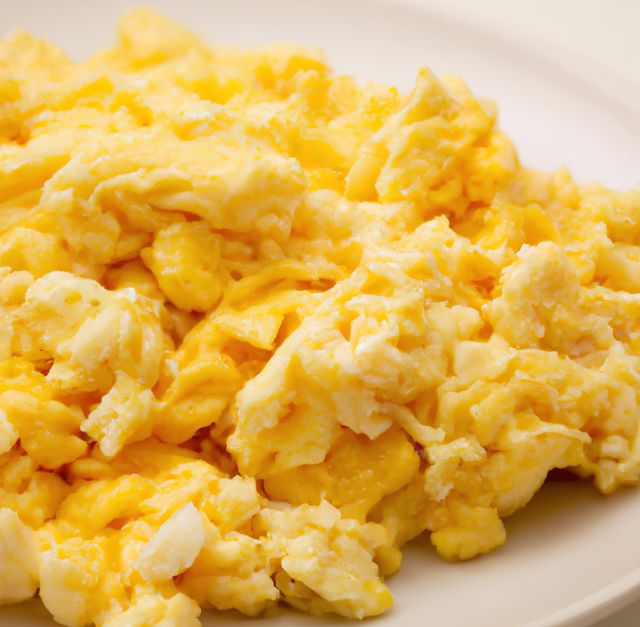 Image of close up of fresh scrambled eggs on white plate. Fresh food, eating and breakfast concept.