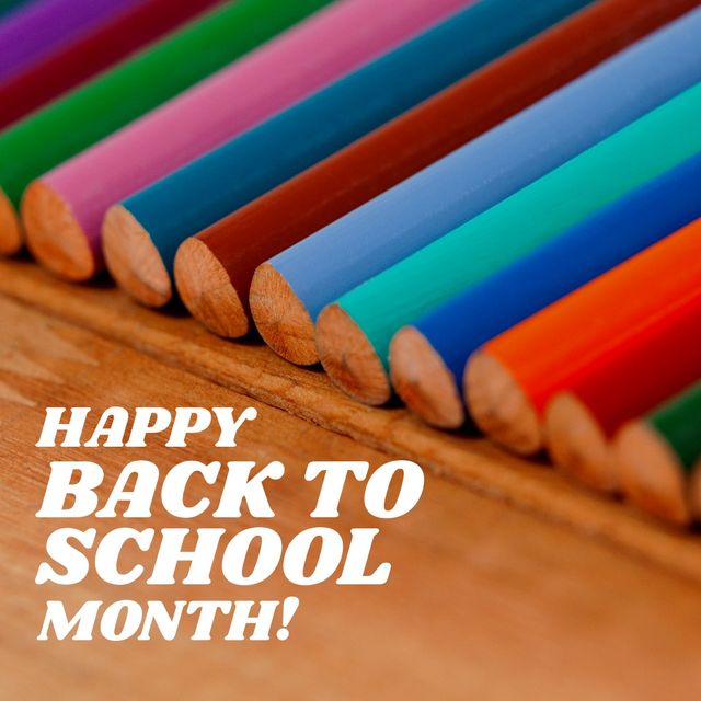 Brightly colored pencils lie in a row on a wooden table, symbolizing the start of a new school year. Perfect for educational content, school advertisements, classroom decorations, supply store promotions, or social media posts celebrating the return to school.