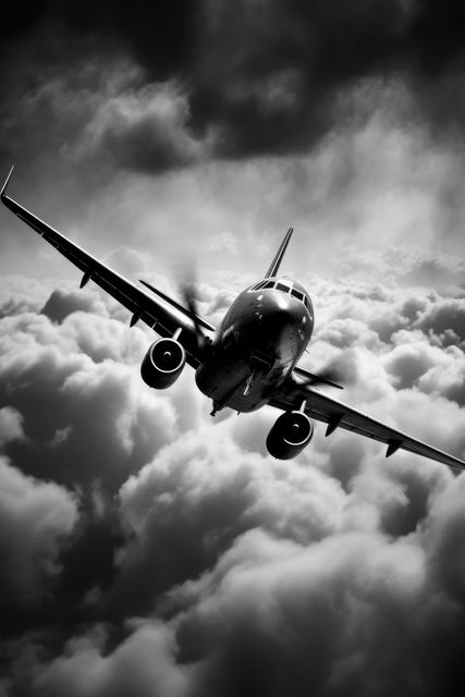 Flying airplane against sky with clouds in black and white, created using generative ai technology - Download Free Stock Photos Pikwizard.com