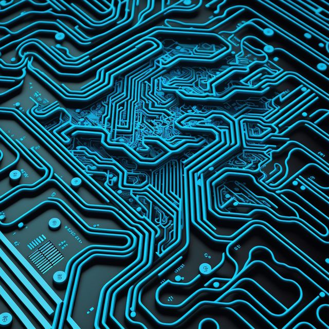 Image of computer circuit board and blue light trails on dark background. Computing and data processing concept created using generative ai technology.