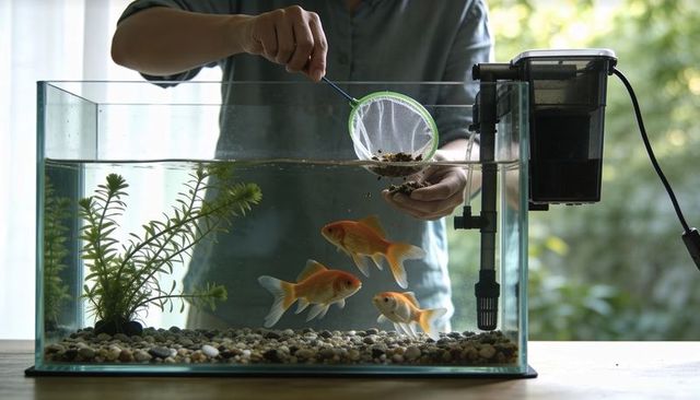 Feeding goldfish with handheld net in home aquarium during routine maintenance