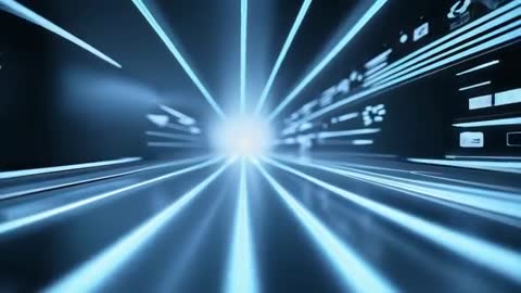 Futuristic Digital Tunnel with Neon Lights and Data Panels Rays