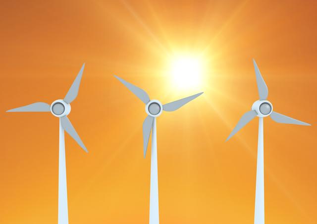 This image of wind turbines against a bright sunlit sky is ideal for promoting renewable energy and sustainability initiatives. It can be used in environmental campaigns, educational materials, and websites focused on clean energy solutions. The vibrant sun in the background emphasizes the connection between natural resources and green technology.