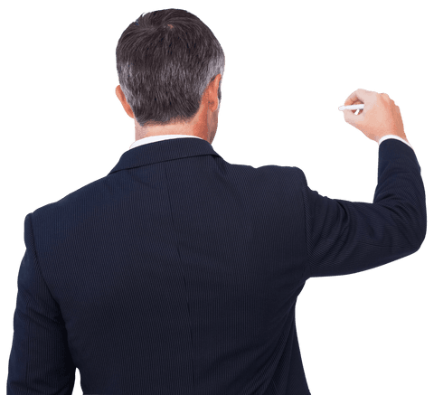Rear view businessman writing on transparent background
