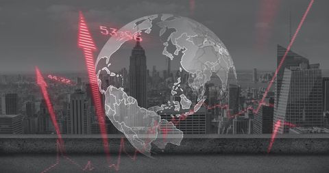 Red graph arrows overlaying globe and cityscape indicating economic growth