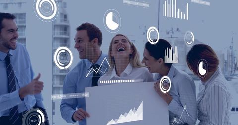 Diverse Business Team Celebrating Success with Data Visualization