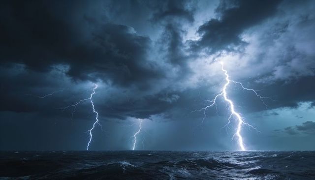 Triple lightning striking stormy ocean at night illuminating towering clouds and churning waves
