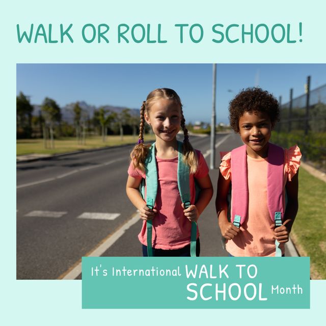 Happy girls standing on road and walk or roll to school, it's international walk to school month. Text, multiracial, composite, together, student, childhood, education, fitness and active lifestyle.