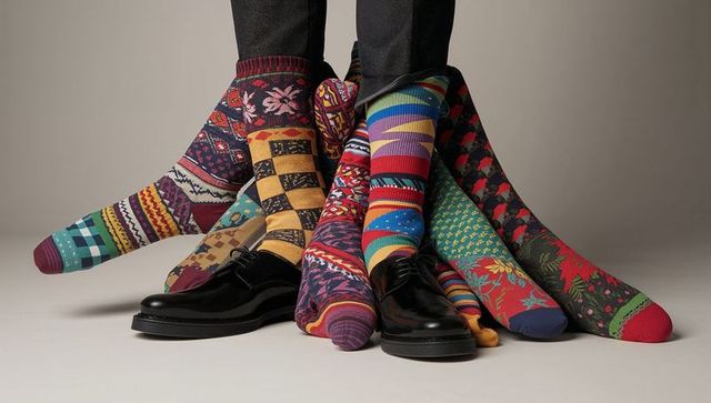 Fanning colorful patterned socks around polished black dress shoes, closeup hosiery styling