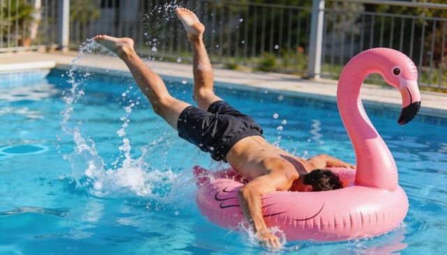 Young man tumbling onto pink flamingo float while splashing in sunny backyard pool