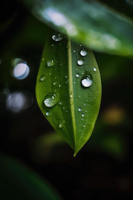 Close-up of green leaf adorned with water droplets, radiating freshness and vitality. Great for themes pertaining to nature, freshness, rain, and gardening. Useful in environmental campaigns, wellness brochures, and nature-inspired designs.