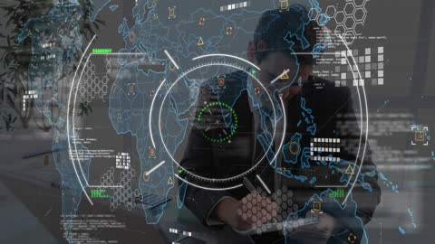 Businessman Analyzing Data with Digital World Map Interface